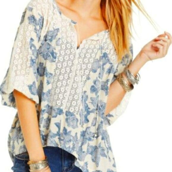 Free People Tunic Blouse Women's Sz SP Blue White Floral Bohemian Gypsy Relaxed - Picture 6 of 9